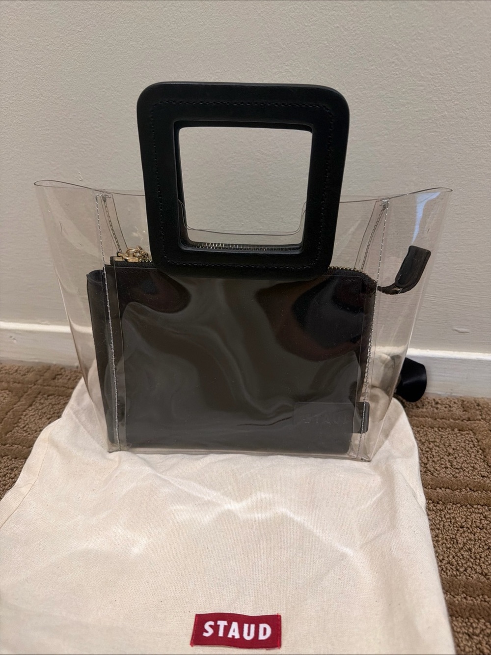 STAUD Shirley Black Clear PVC Tote with Black Pouch